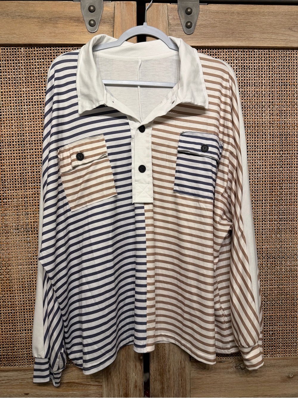 SHEIN Navy & Taupe Striped Button-Up Polo Blouse